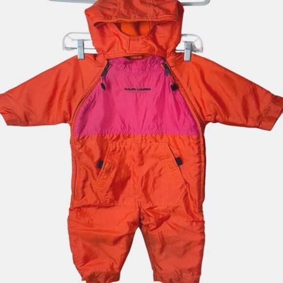 Ralph Lauren Two-Tone Snowsuit in Orange & Pink S/M Hooded Fleece Lined